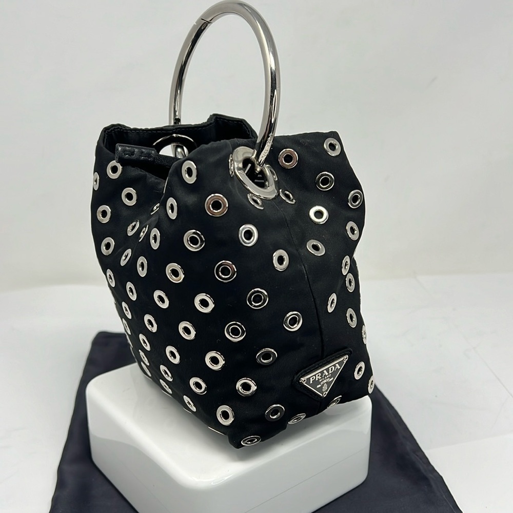PRADA Black Tessuto Nylon Chrome Grommets Small Bracelet Bucket Bag